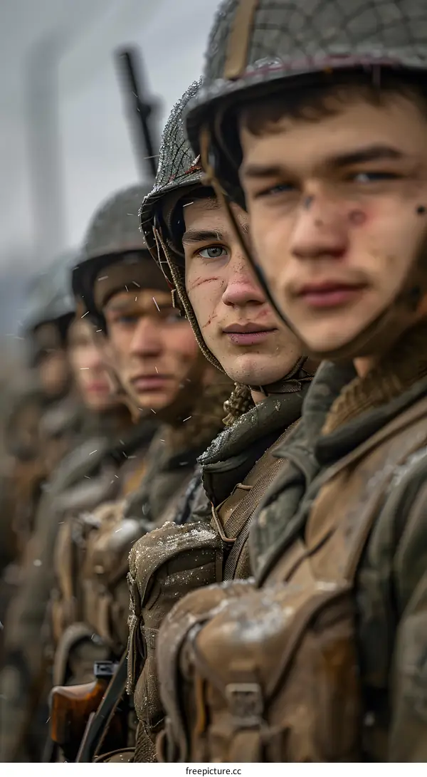 A group of young soldiers in military uniform, wearing helmets and carrying guns