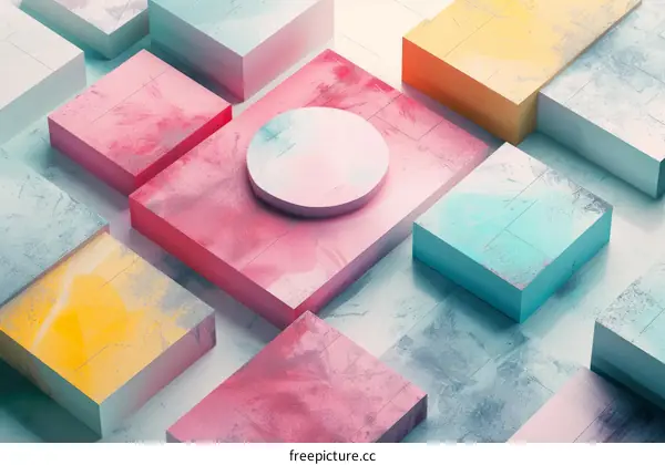 Colorful 3D Rendering of a Geometric Podium with Playful Painted Blocks