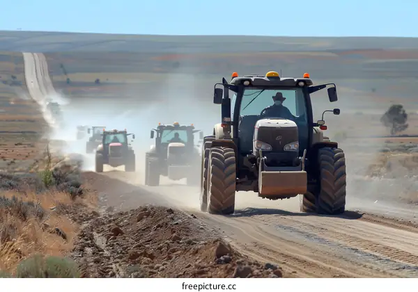 Tractors drive along a rural road