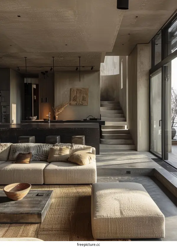 Industrial Chic Living Room with Concrete Walls and Natural Light
