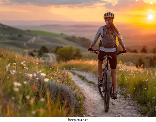 woman riding bike at sunset in field