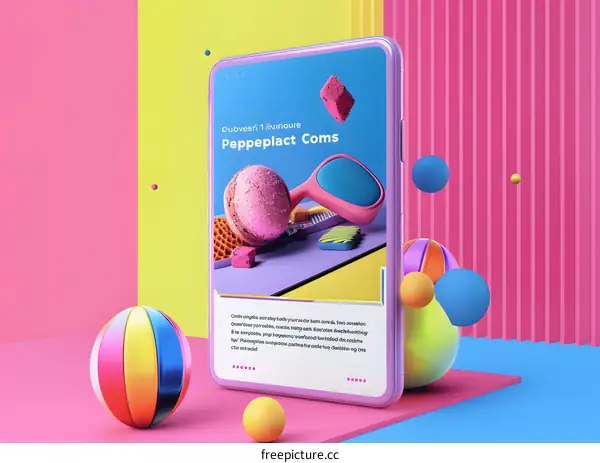 Colorful 3D Rendered Mobile Phone with Abstract Shapes and Design Elements