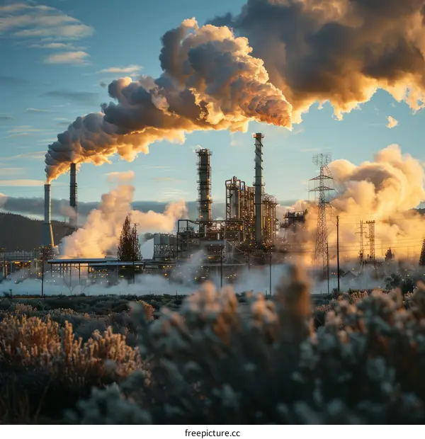 An industrial facility with smokestacks emitting pollution into the sky