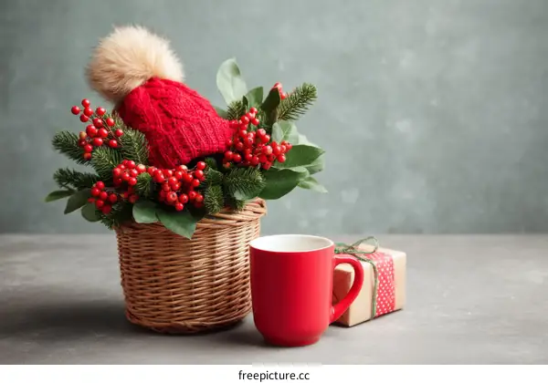 Christmas Decorations in a Basket with a Red Knitted Hat