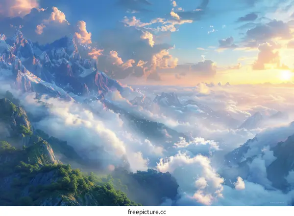 Mountain peaks shrouded in mist, presenting a majestic landscape