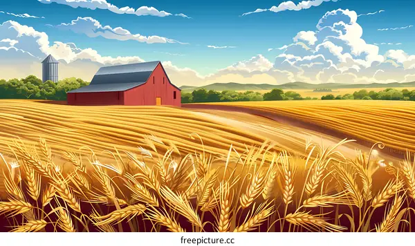 Red Barn and Golden Wheat Field Landscape Illustration