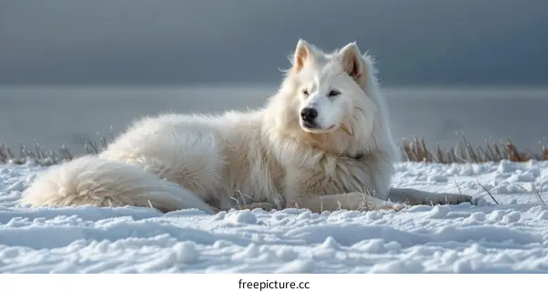 Beautiful White Samoyed Dog Playing in the Snow