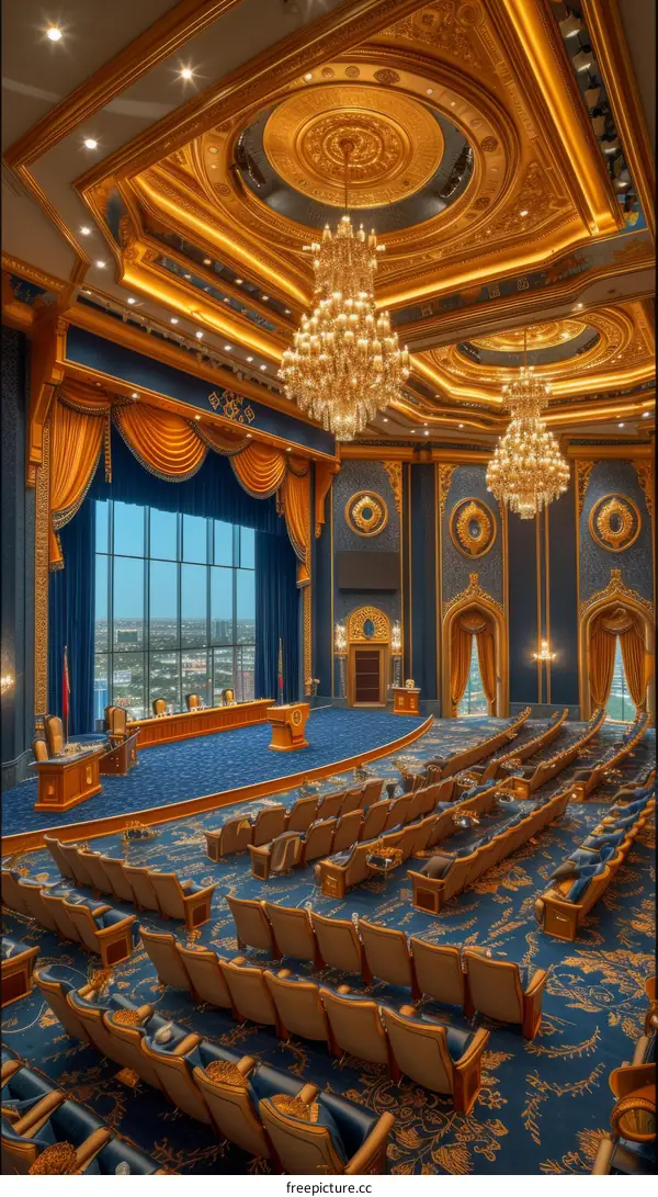 Empty conference room with blue and gold interior design