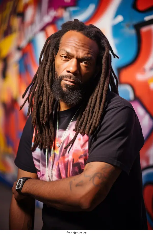 A Black man with dreadlocks is posing in front of a graffiti wall