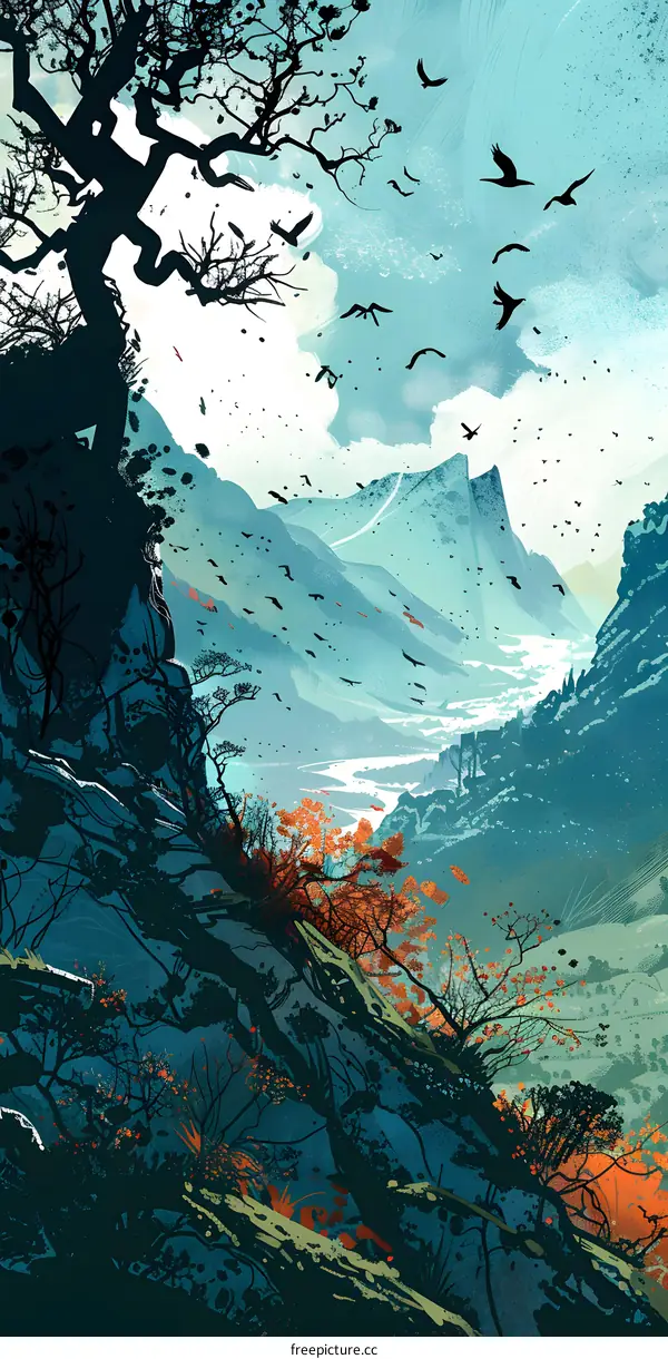 Digital Illustration of a Mountain Landscape with Birds Flying Over