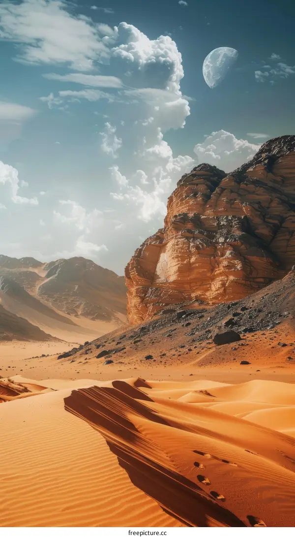 Desert Landscape with Azure Sky and Radiant Moon