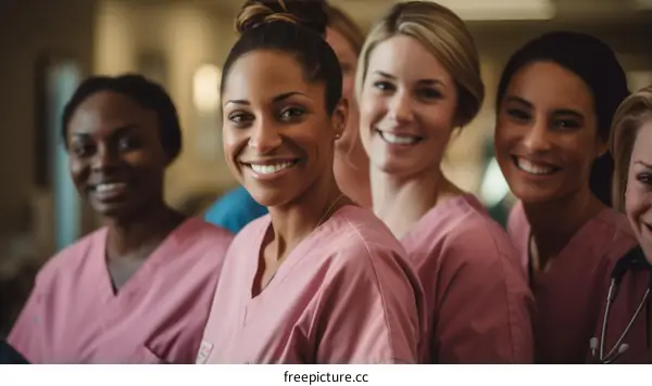 A group of diverse female nurses smiling at the camera