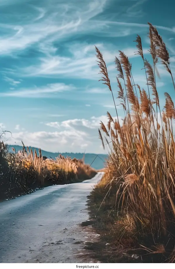 Country Road Through Tall Grass Under A Blue Sky