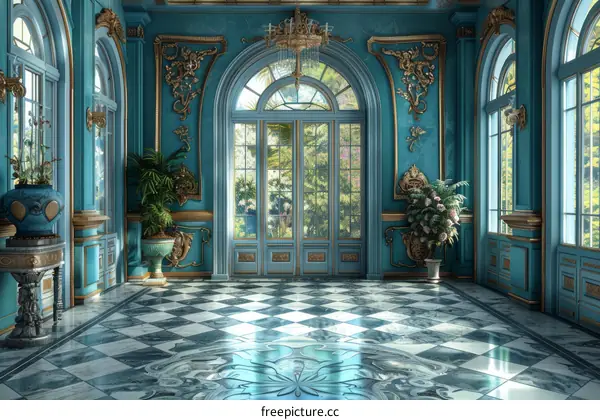 Ornate Ballroom with Opulent Blue and Gold Accents