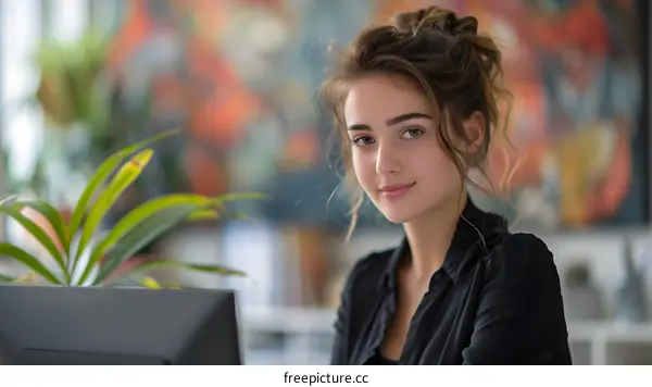 portrait of a young woman in a black shirt sitting at a desk in an office smiling at the camera