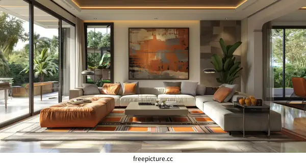 Modern living room with open views to a tropical garden