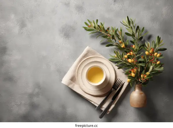 Rustic Table Setting with Olive Branch Arrangement