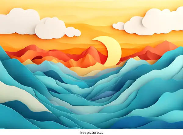 Paper Cut Out Style Landscape with Crescent Moon