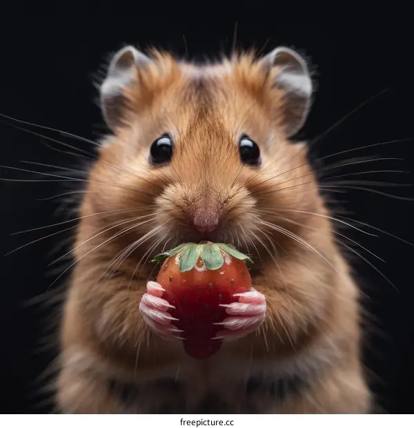 Close-up of a Hamster Holding a Strawberry