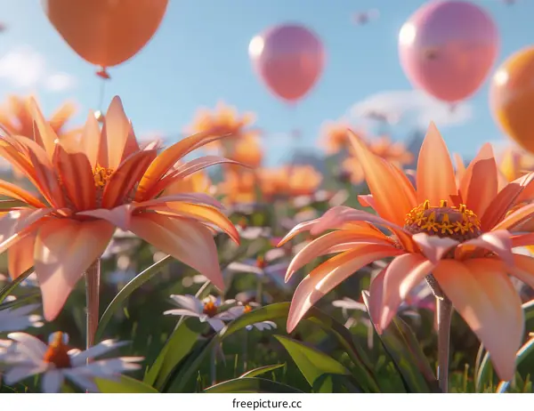 Floating Balloons Above Vibrant Orange and Pink Flowers