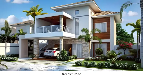 Modern Two Story House Exterior Design With Car