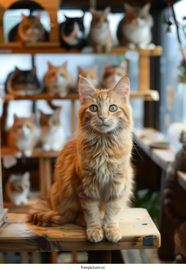 Ginger Cat Sitting on Wooden Shelf with Many Cats