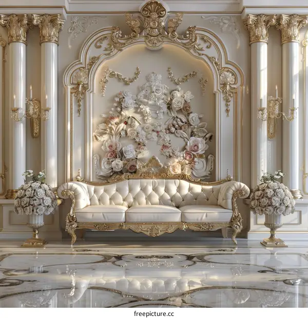 Luxury Living Room with Ornate Sofa and Flowers