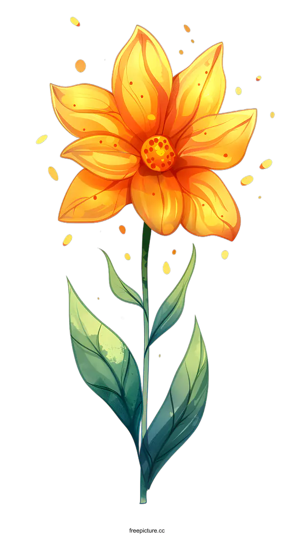 [Transparent Background PNG]Watercolor Illustration of a Yellow Flower with Green Leaves