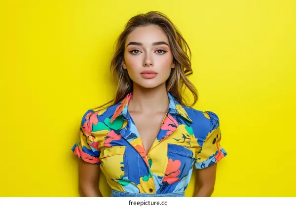 Beautiful Woman in a Colorful Floral Print Shirt on a Yellow Background