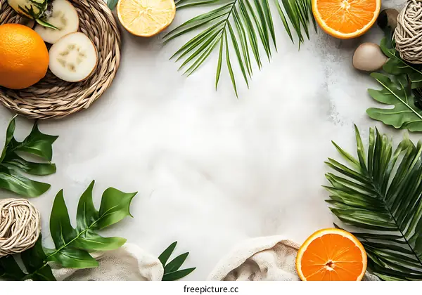 Tropical Fruits and Leaves Flat Lay
