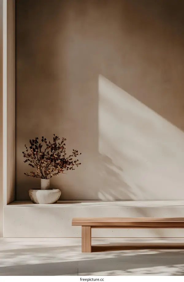 Minimalist Interior Design With Wooden Bench And Dried Flowers