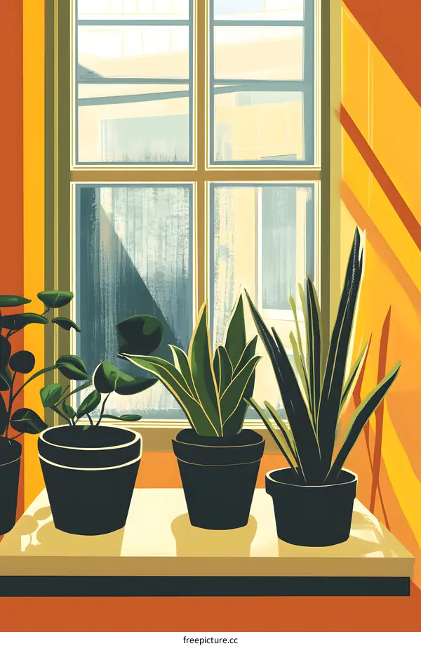 Three potted plants on a window sill