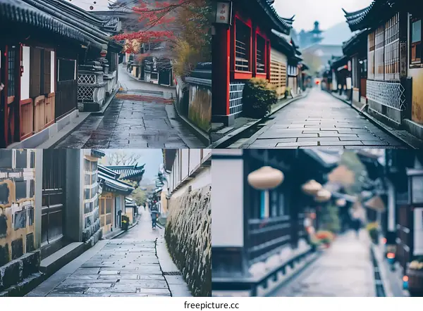 Cobblestone Street in Japan with Traditional Architecture