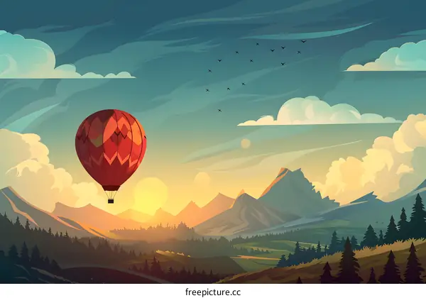 Hot Air Balloon Flying Over Mountain Range at Sunset