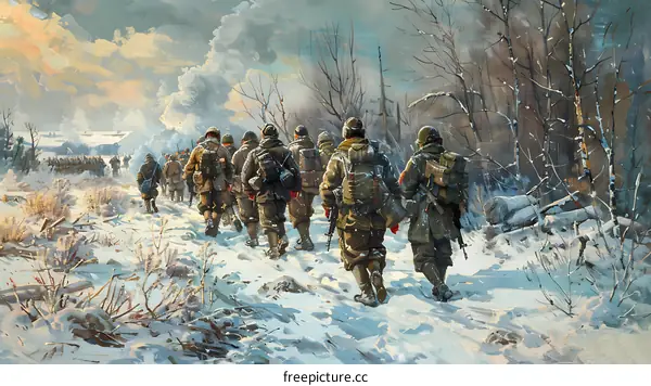 A group of soldiers walking through the snow in winter