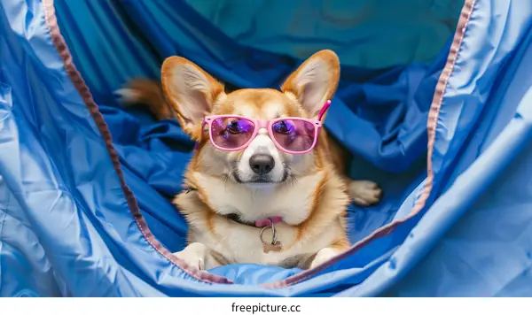 A cute dog wearing sunglasses is sitting in a blue hammock.