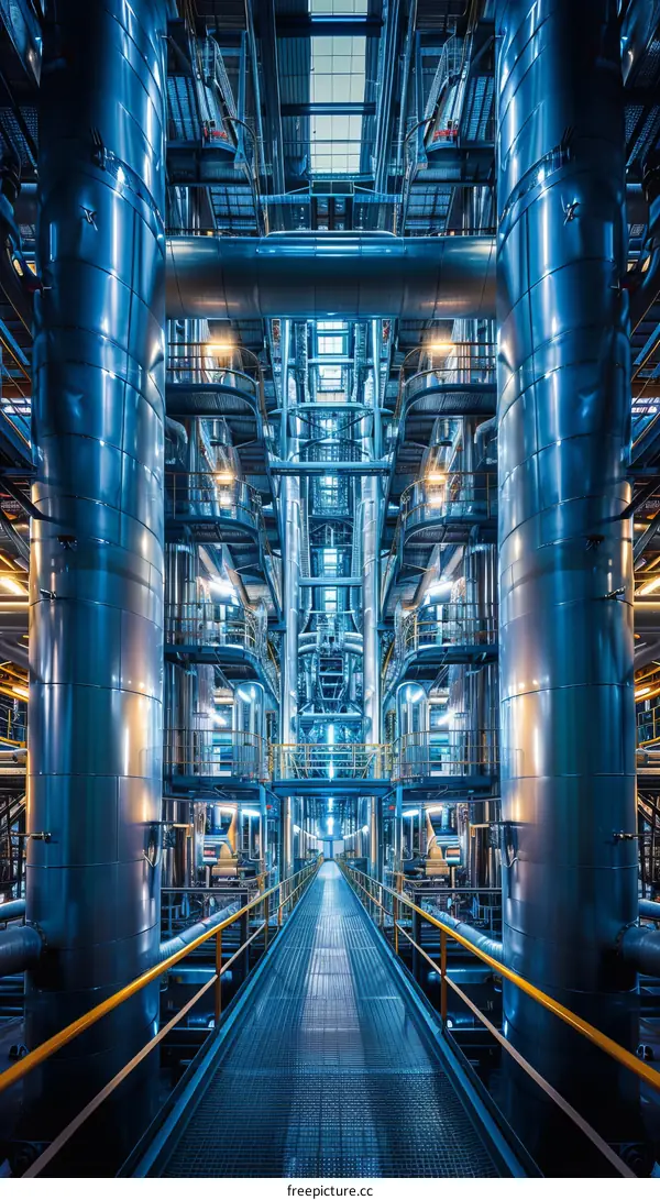 The innards of a power plant with a long walkway in the center