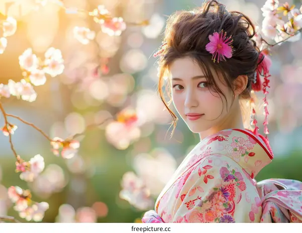 Portrait of a beautiful Japanese woman in traditional kimono with pink cherry blossoms