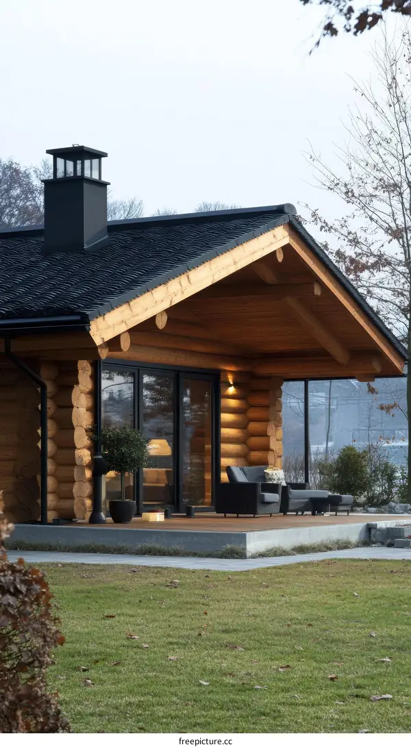 Modern Wooden Log Cabin Exterior with Patio