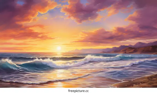 Beautiful sunset over the ocean with waves crashing on the shore