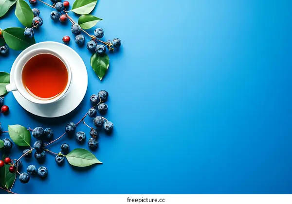 Blueberries and Tea on Blue Background