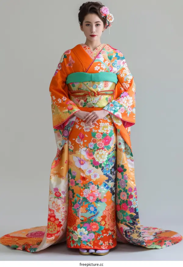 A woman wearing a traditional Japanese kimono with floral patterns