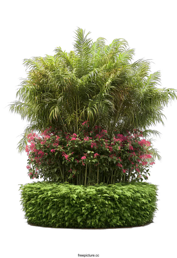 [Transparent Background PNG]Tropical Plants with Pink Flowers in a Lush Green Bush