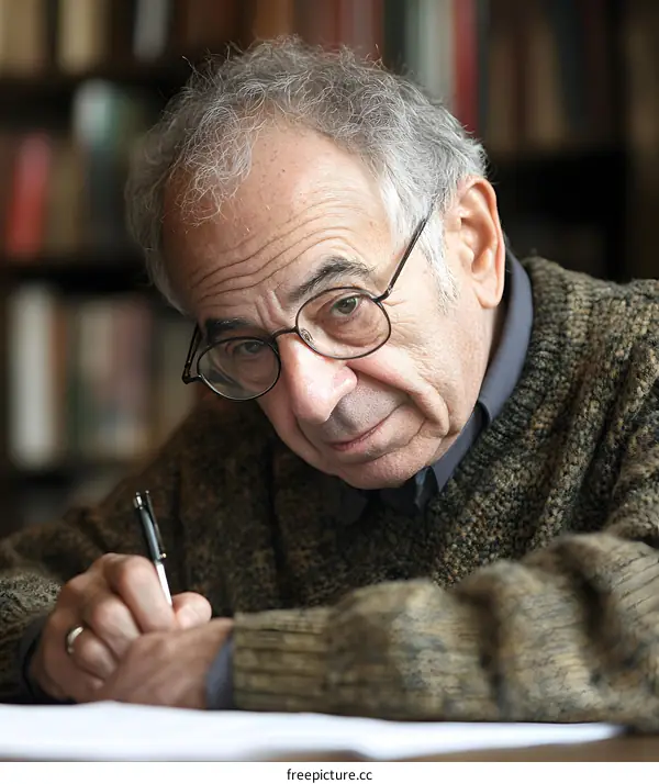 Close Up Portrait of an Elderly Man with Glasses Writing