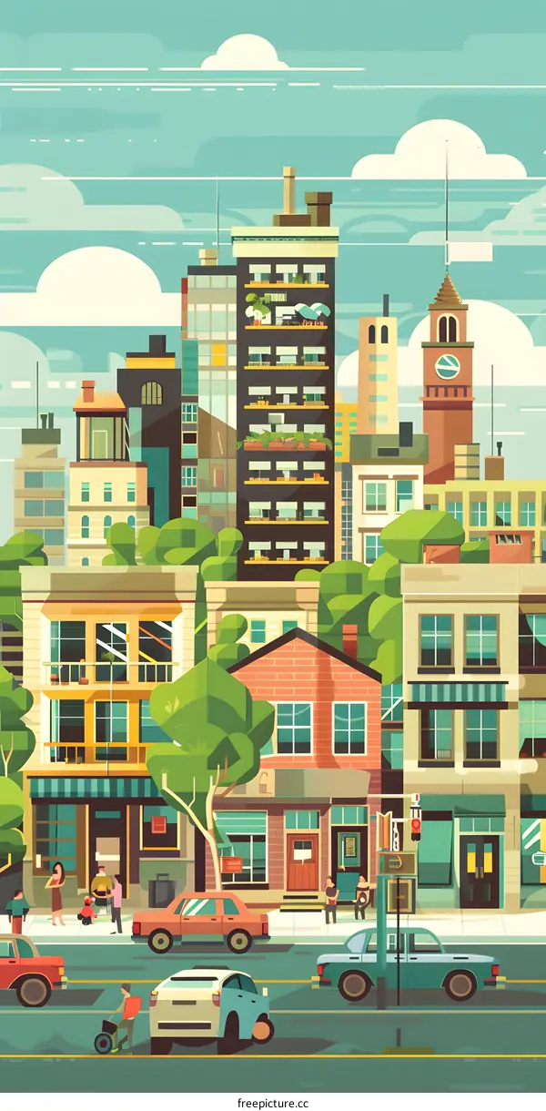 Cityscape with Cars, Buildings, and People Illustration