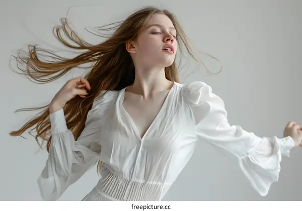 Young woman in white dress with long blond hair flowing in the wind