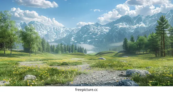 Mountain Landscape with Wildflowers and Green Fields