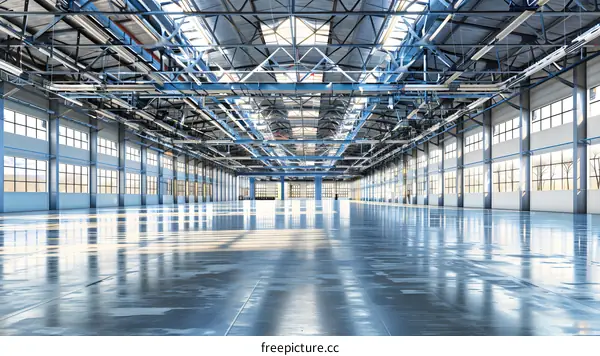 Large Empty Industrial Warehouse with Steel Beams and Windows