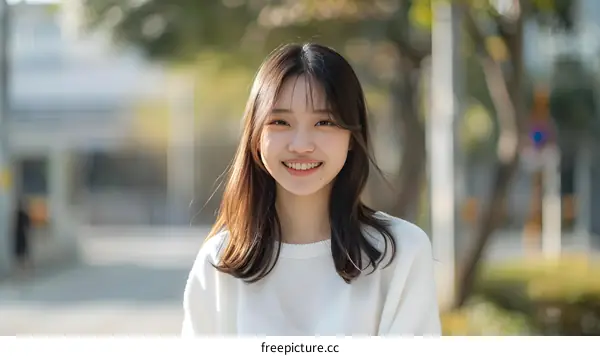 Smiling Young Asian Woman in a White Sweater