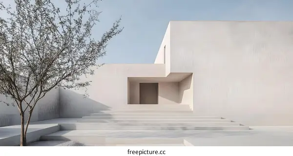 Minimalist Concrete Building Exterior with Steps and Tree